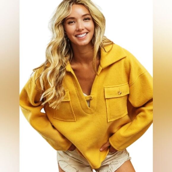 BiBi Flap Pockets Fleece Collared Sweatshirt In Golden Sz S M L XL - Picture 1 of 12